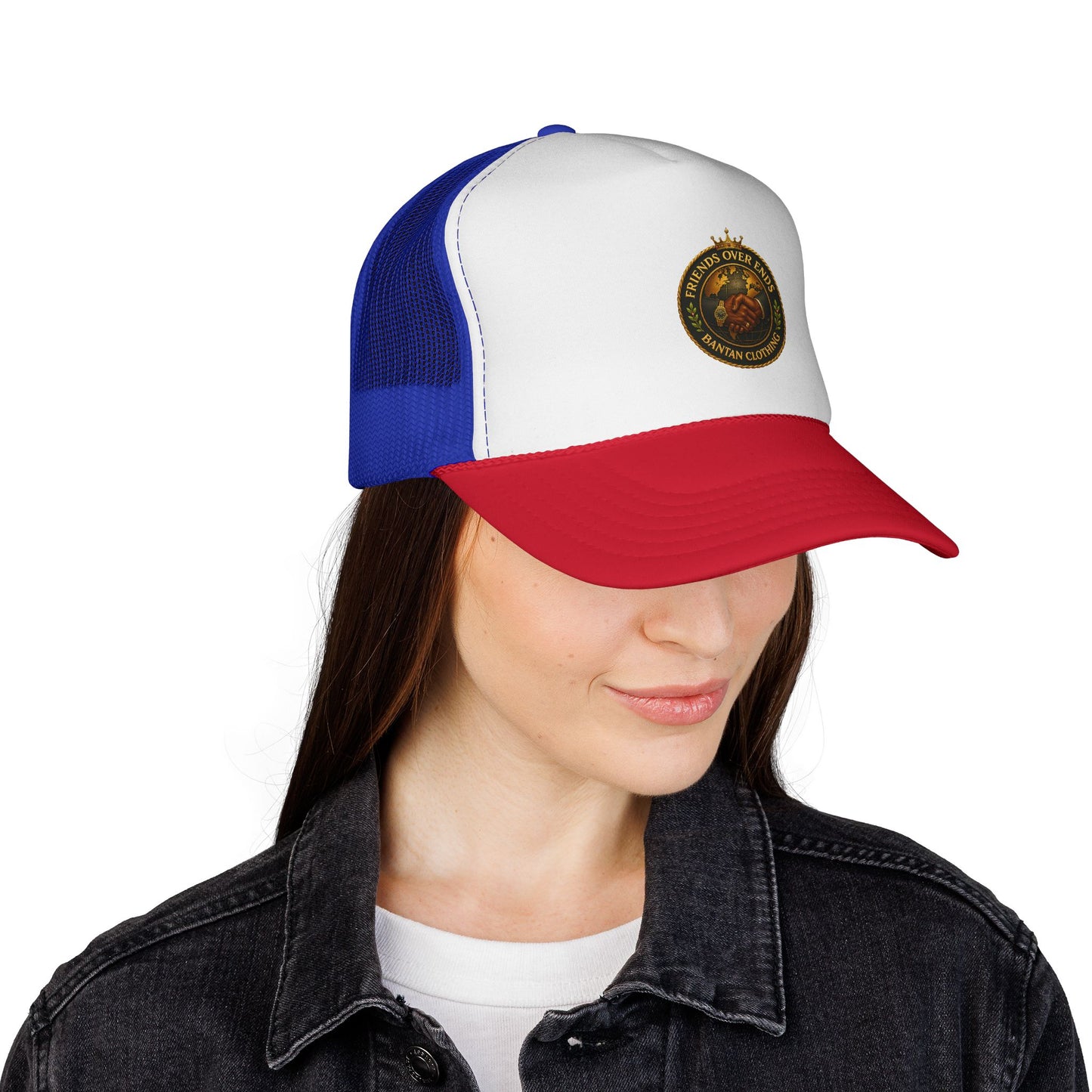 Trucker Cap – Vintage ‘Friends Over Enemies’ Emblem Hat (Red/White/Blue)