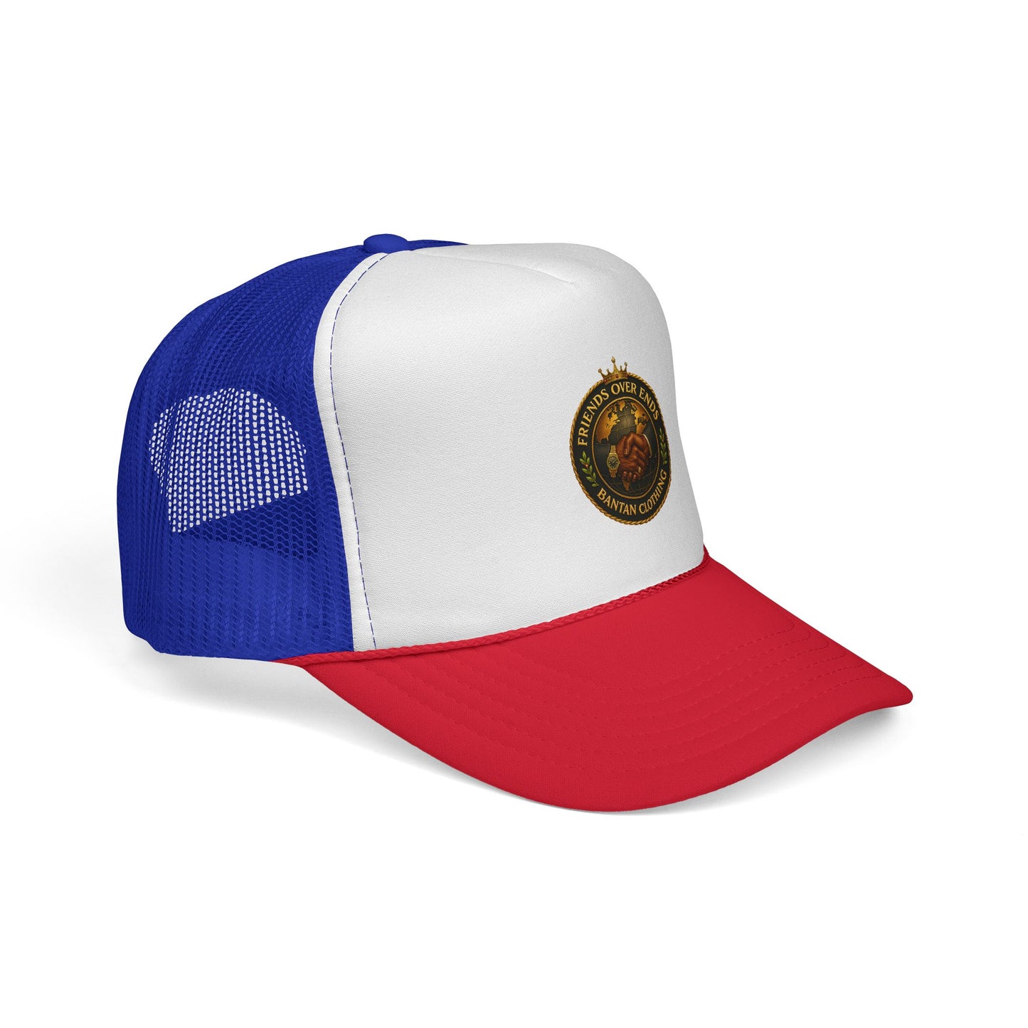 Trucker Cap – Vintage ‘Friends Over Enemies’ Emblem Hat (Red/White/Blue)