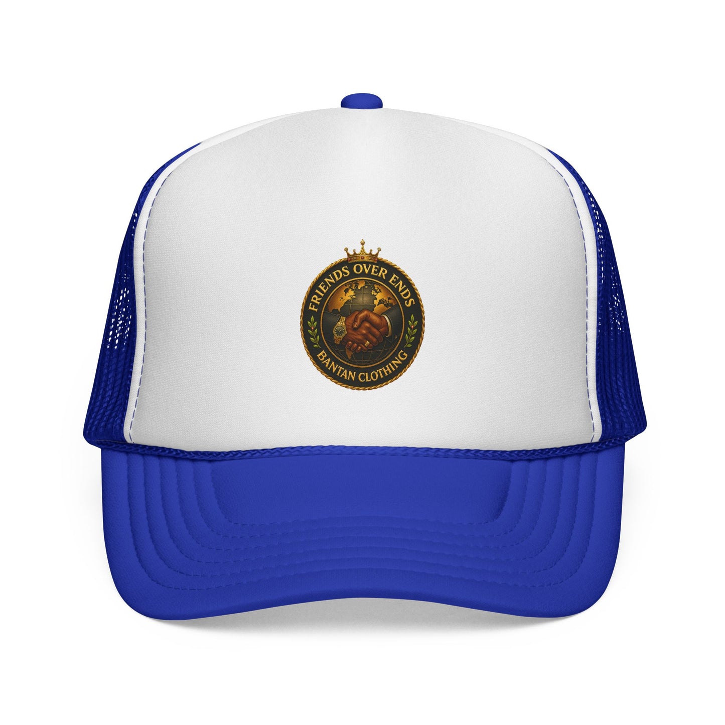 Trucker Cap – Vintage ‘Friends Over Enemies’ Emblem Hat (Red/White/Blue)