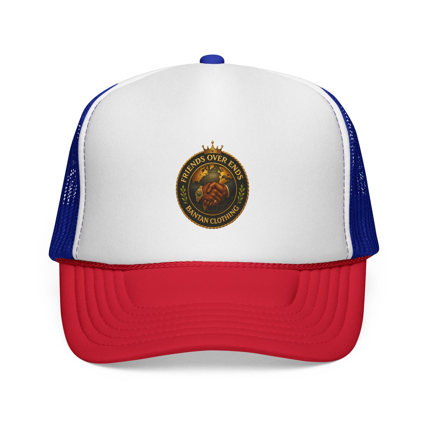 Trucker Cap – Vintage ‘Friends Over Enemies’ Emblem Hat (Red/White/Blue)