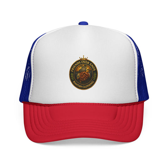 Trucker Cap – Vintage ‘Friends Over Enemies’ Emblem Hat (Red/White/Blue)